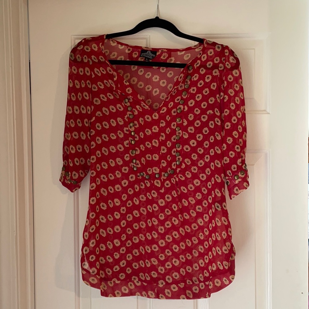 Sheer floral print red top by Angie. Size medium.
